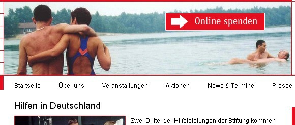 Auf ihrer Internetseite, im Bereich "Hilfen in Deutschland", fordert die Deutsche Aids-Stiftung zum online-Spenden auf - u.a. mit diesem 'Schwimm-Foto' ... (Screenshot Ausschnitt Site DAS)