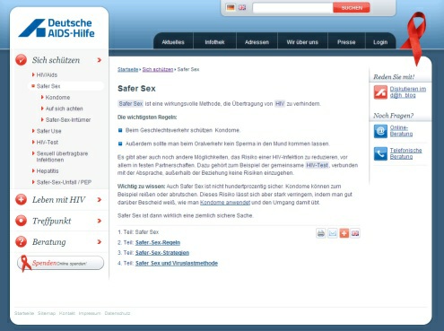 www.aidshilfe.de im neuen Look - Screenshot Info-Seite